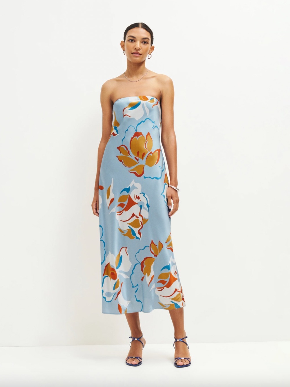 Reformation Strapless Floral Slip Dress in Light Blue, Yellow and Orange